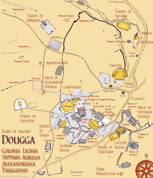 Mappa del sito archeologico dell'antica città romana di Dougga