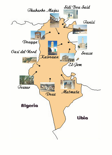 Mappa della Tunisia con i luoghi che ho visitato