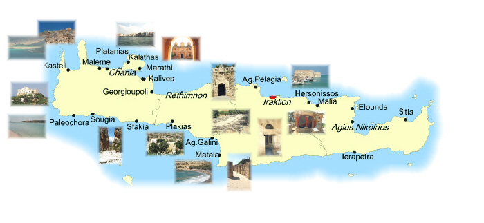 Usa le immagini sulla mappa di Creta per vedere i luoghi